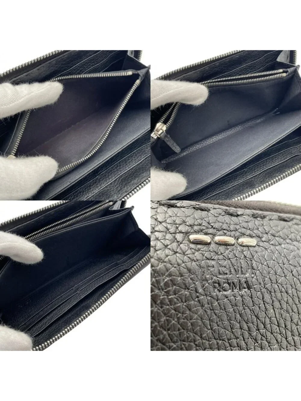 Fendi Wallet Selleria Zip Around Leather Marais the Black Silver Classic Simple